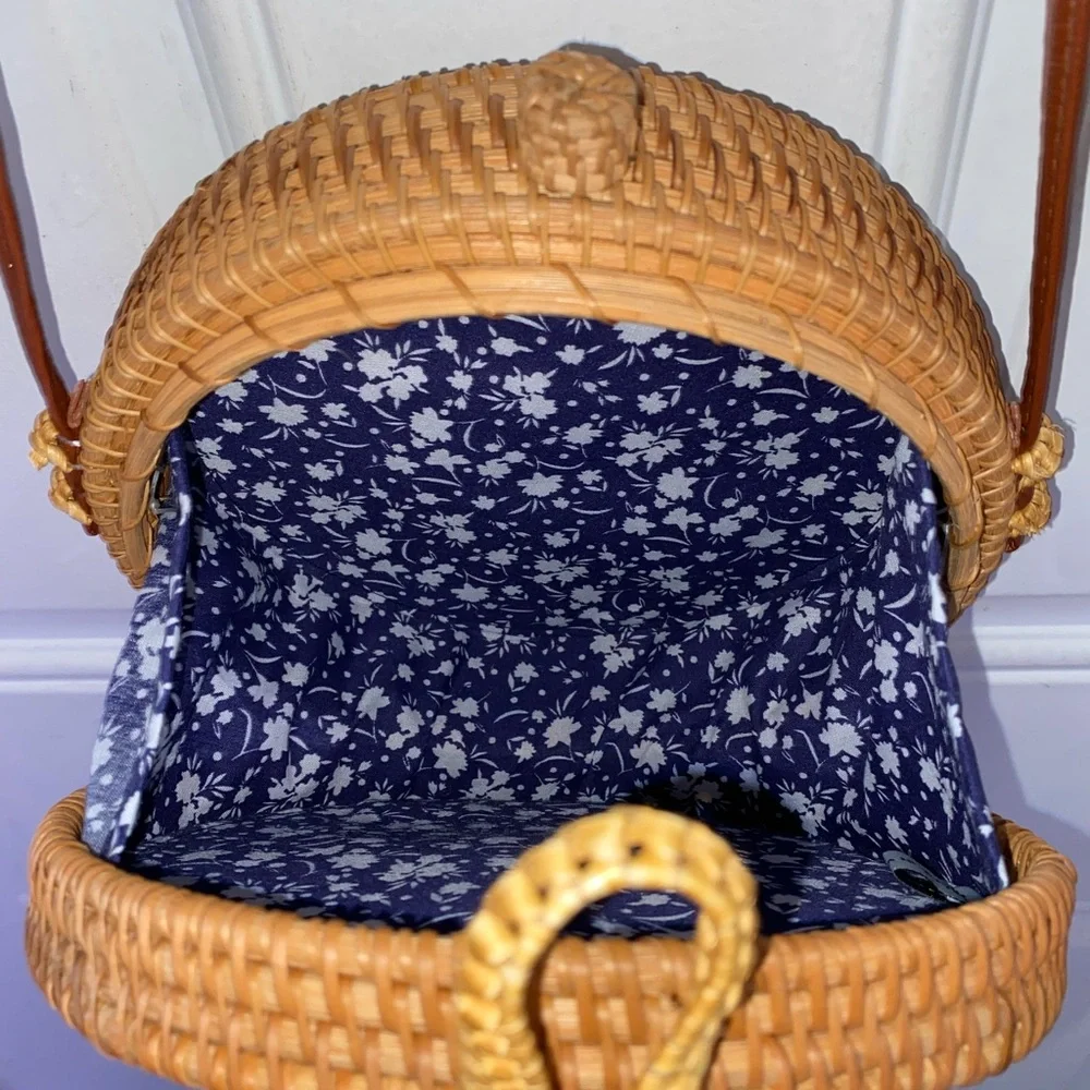 Round Woven Rattan Crossbody Bag in Natural Brown